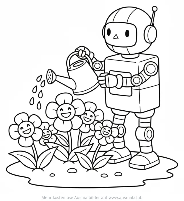 Roboter gießt Blumen Ausmalbild