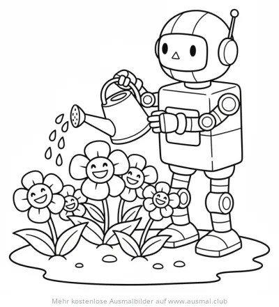 Roboter gießt Blumen Ausmalbild