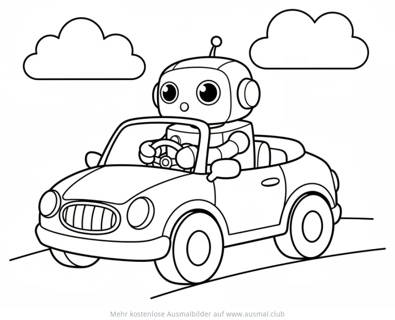 Roboter fährt Auto Ausmalbild mit Wolken