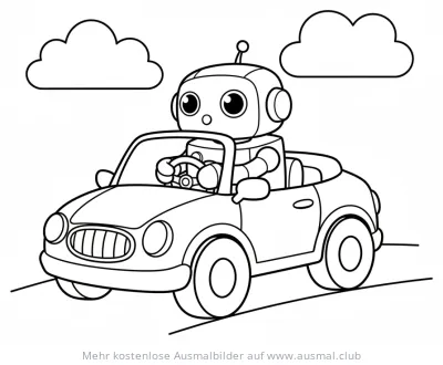 Roboter fährt Auto Ausmalbild mit Wolken