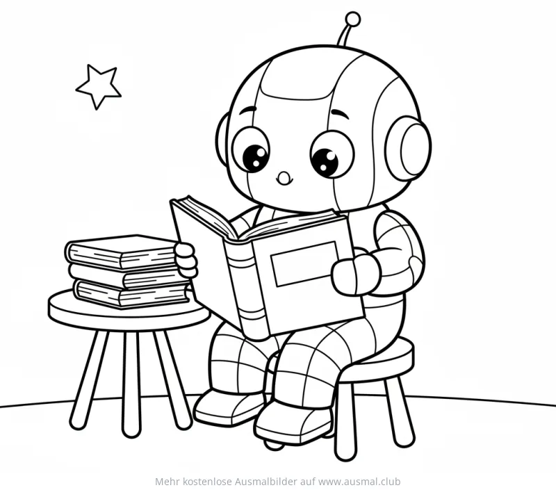Roboter sitzt auf Hocker und liest Buch Ausmalbild