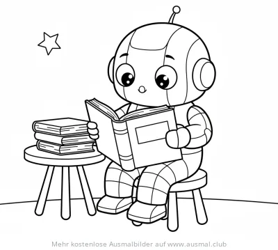 Roboter sitzt auf Hocker und liest Buch Ausmalbild