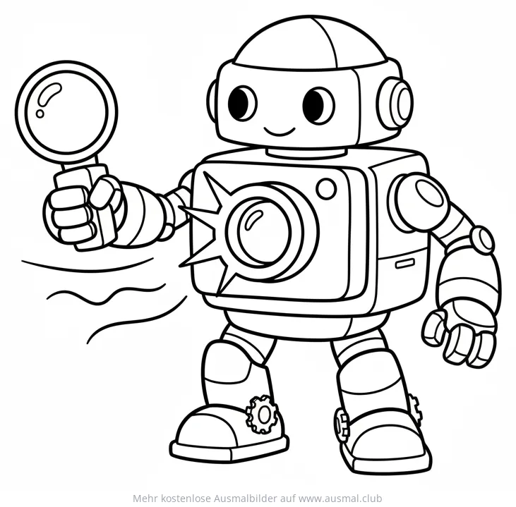Roboter mit Lupe als Fotograf Ausmalbild