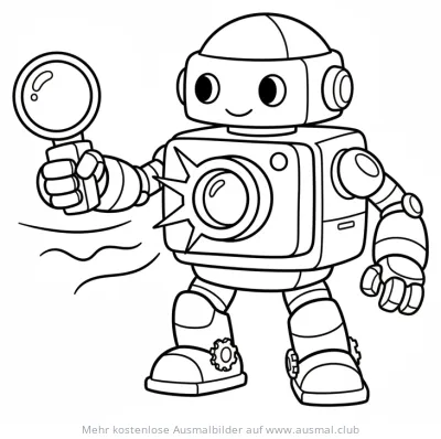 Roboter mit Lupe als Fotograf Ausmalbild