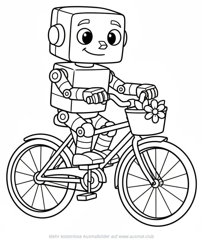 Roboter fährt Fahrrad mit Blume im Korb Ausmalbild