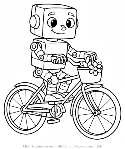 Roboter fährt Fahrrad mit Blume im Korb Ausmalbild