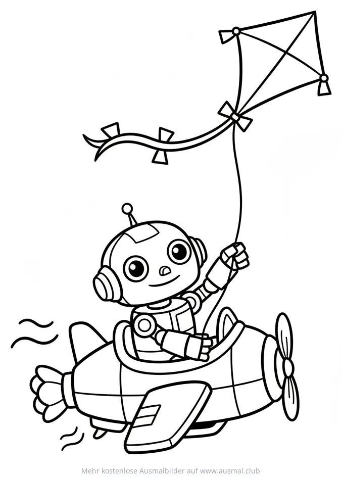 Roboter im Flugzeug mit Drachen Ausmalbild