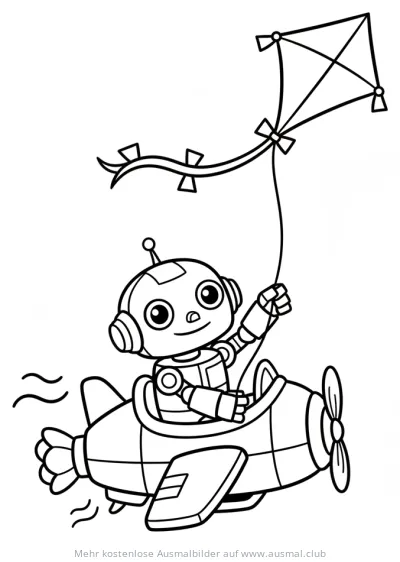 Roboter im Flugzeug mit Drachen Ausmalbild