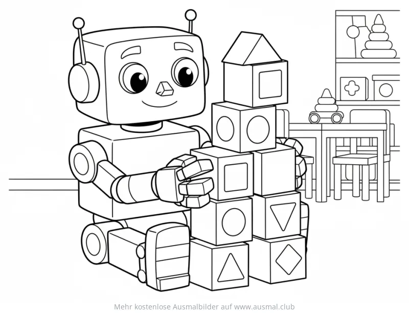 Roboter Ausmalbild baut Turm aus Bauklötzen