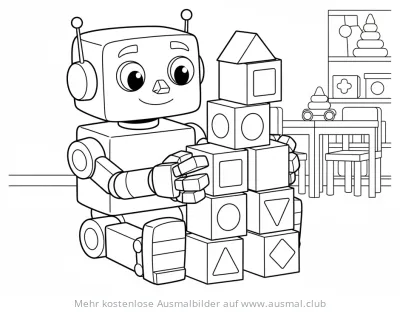 Roboter Ausmalbild baut Turm aus Bauklötzen