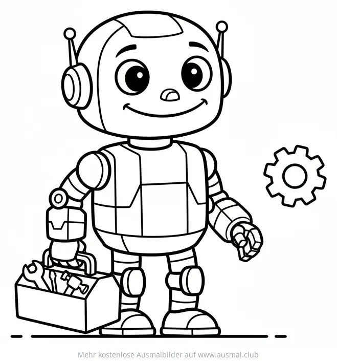 Roboter mit Werkzeugkiste und Zahnrad Ausmalbild