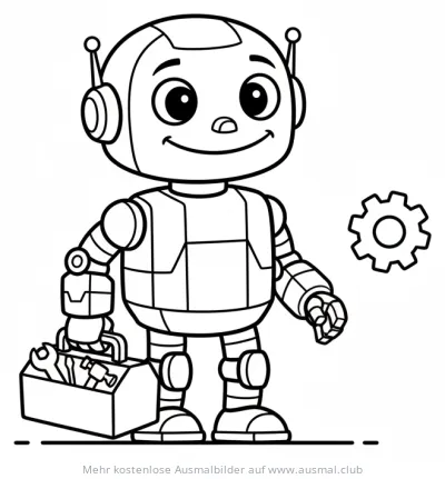 Roboter mit Werkzeugkiste und Zahnrad Ausmalbild