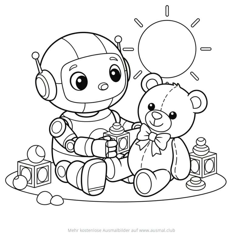 Freundlicher Roboter spielt mit Teddybär Ausmalbild