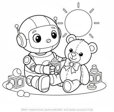 Freundlicher Roboter spielt mit Teddybär Ausmalbild