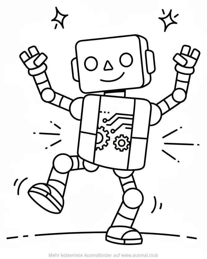 Tanzender Roboter Ausmalbild mit Zahnrädern und Schaltkreisen