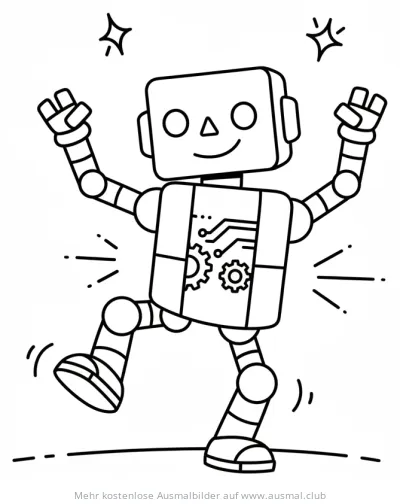 Tanzender Roboter Ausmalbild mit Zahnrädern und Schaltkreisen