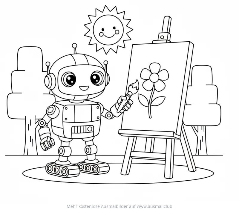 Roboter malt Blume auf Staffelei Ausmalbild