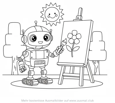 Roboter malt Blume auf Staffelei Ausmalbild