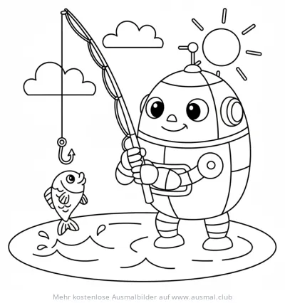 Roboter Angler mit Fisch Ausmalbild