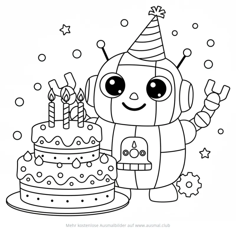 Roboter mit Geburtstagstorte Ausmalbild
