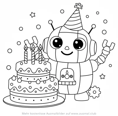Roboter mit Geburtstagstorte Ausmalbild