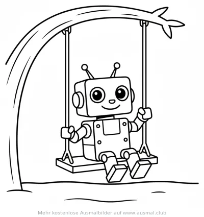 Roboter sitzt auf Schaukel unter Baum, Ausmalbild