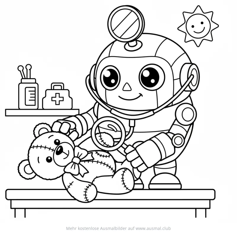 Roboter Doktor untersucht Teddybär Ausmalbild