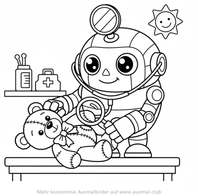Roboter Doktor untersucht Teddybär Ausmalbild