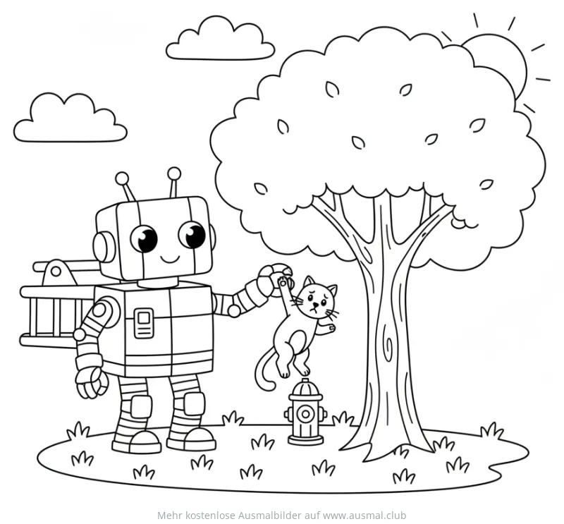Feuerwehr Roboter rettet Katze aus Baum Ausmalbild