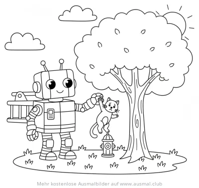Feuerwehr Roboter rettet Katze aus Baum Ausmalbild