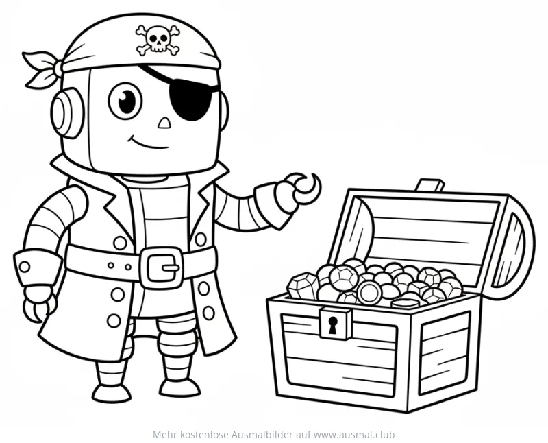 Roboter Pirat mit Schatztruhe Ausmalbild