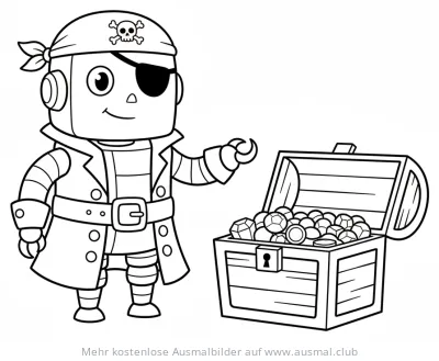 Roboter Pirat mit Schatztruhe Ausmalbild