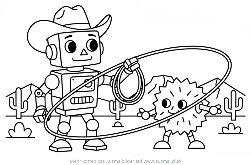 Cowboy Roboter mit Lasso und stacheligem Freund Ausmalbild