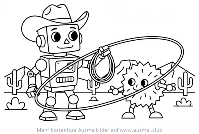 Cowboy Roboter mit Lasso und stacheligem Freund Ausmalbild