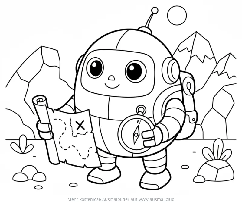 Roboter mit Schatzkarte und Kompass Ausmalbild