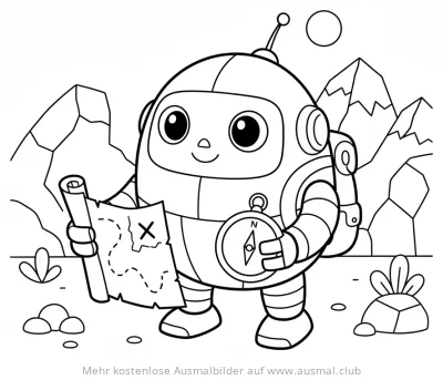 Roboter mit Schatzkarte und Kompass Ausmalbild