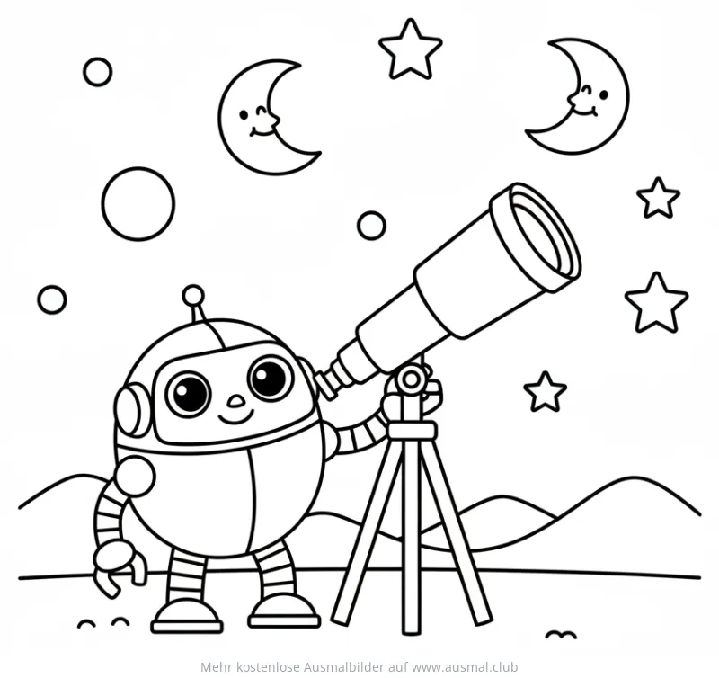 Roboter mit Teleskop betrachtet Sterne und Monde Ausmalbild