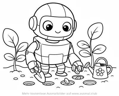 Roboter Gärtner pflanzt Setzlinge Ausmalbild