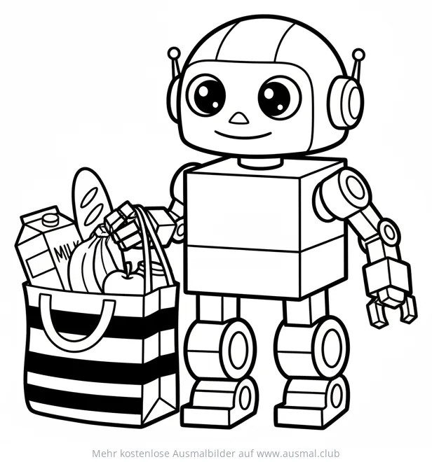 Roboter mit Einkaufstasche voller Lebensmittel Ausmalbild