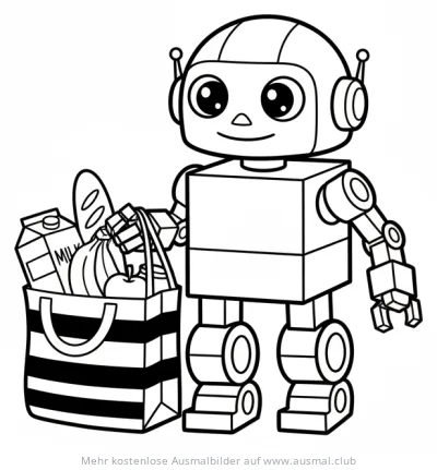 Roboter mit Einkaufstasche voller Lebensmittel Ausmalbild