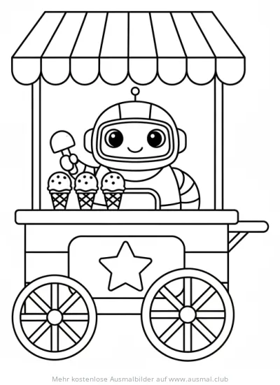 Roboter Eisverkäufer mit Eiswagen Ausmalbild