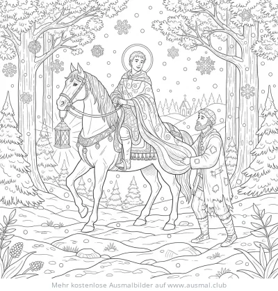 Sankt Martin teilt Mantel mit Bettler im Winterwald Ausmalbild