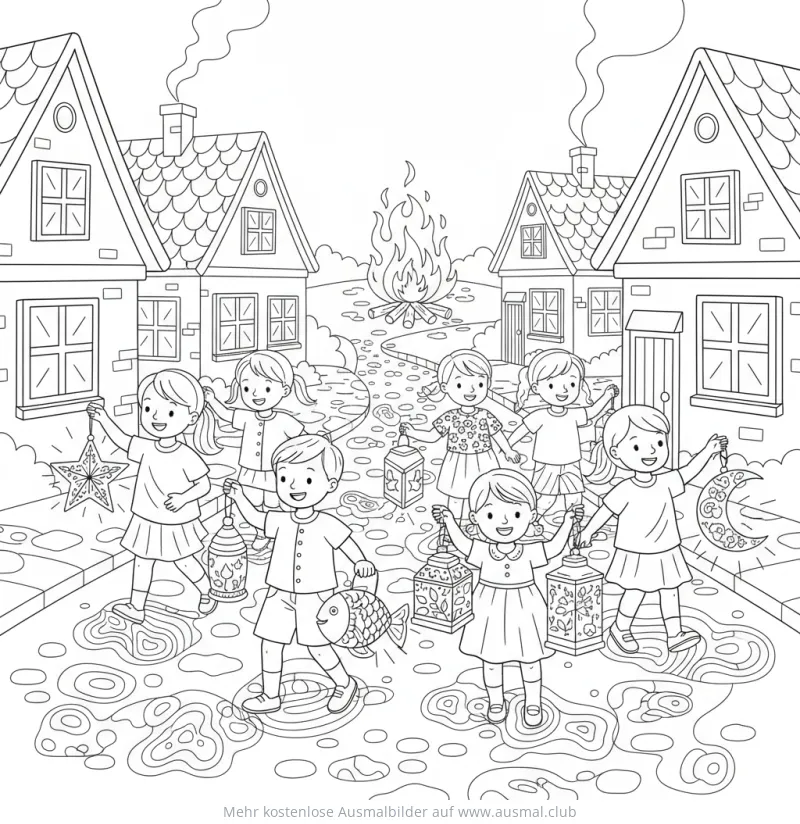 Kinder mit Laternen beim Sankt Martinsumzug Ausmalbild