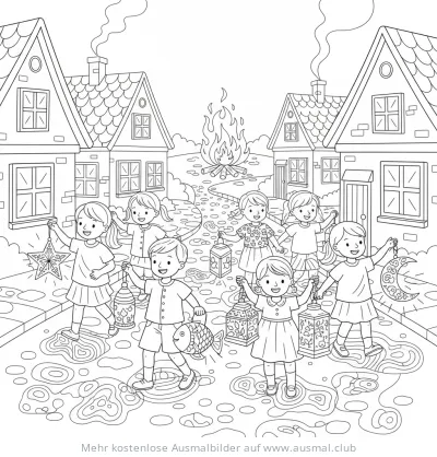 Kinder mit Laternen beim Sankt Martinsumzug Ausmalbild