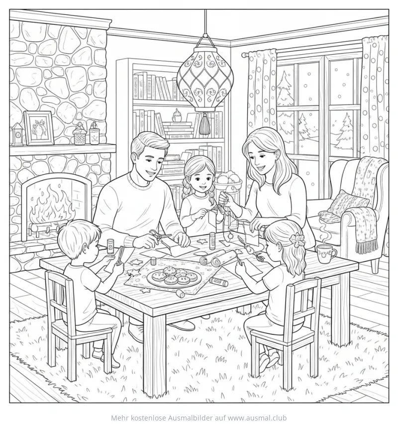 Familie bastelt zusammen Ausmalbild