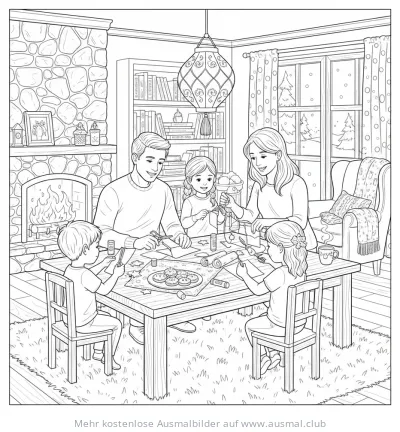 Familie bastelt zusammen Ausmalbild