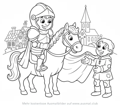 Sankt Martin teilt seinen Mantel mit einem Bettler auf dem Pferd Ausmalbild