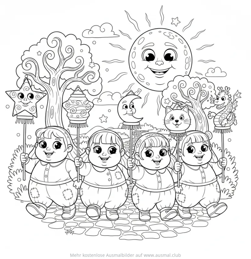 Laternenumzug Ausmalbild mit Kindern und verschiedenen Laternen