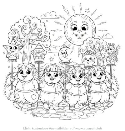 Laternenumzug Ausmalbild mit Kindern und verschiedenen Laternen