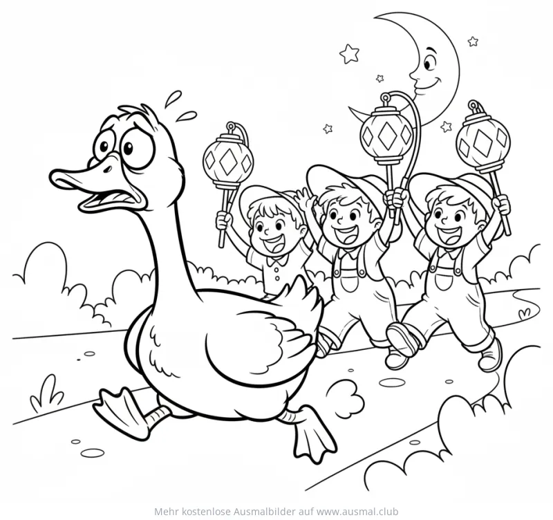 Ängstliche Gans flieht vor Kindern mit Laternen, Sankt Martins Ausmalbild